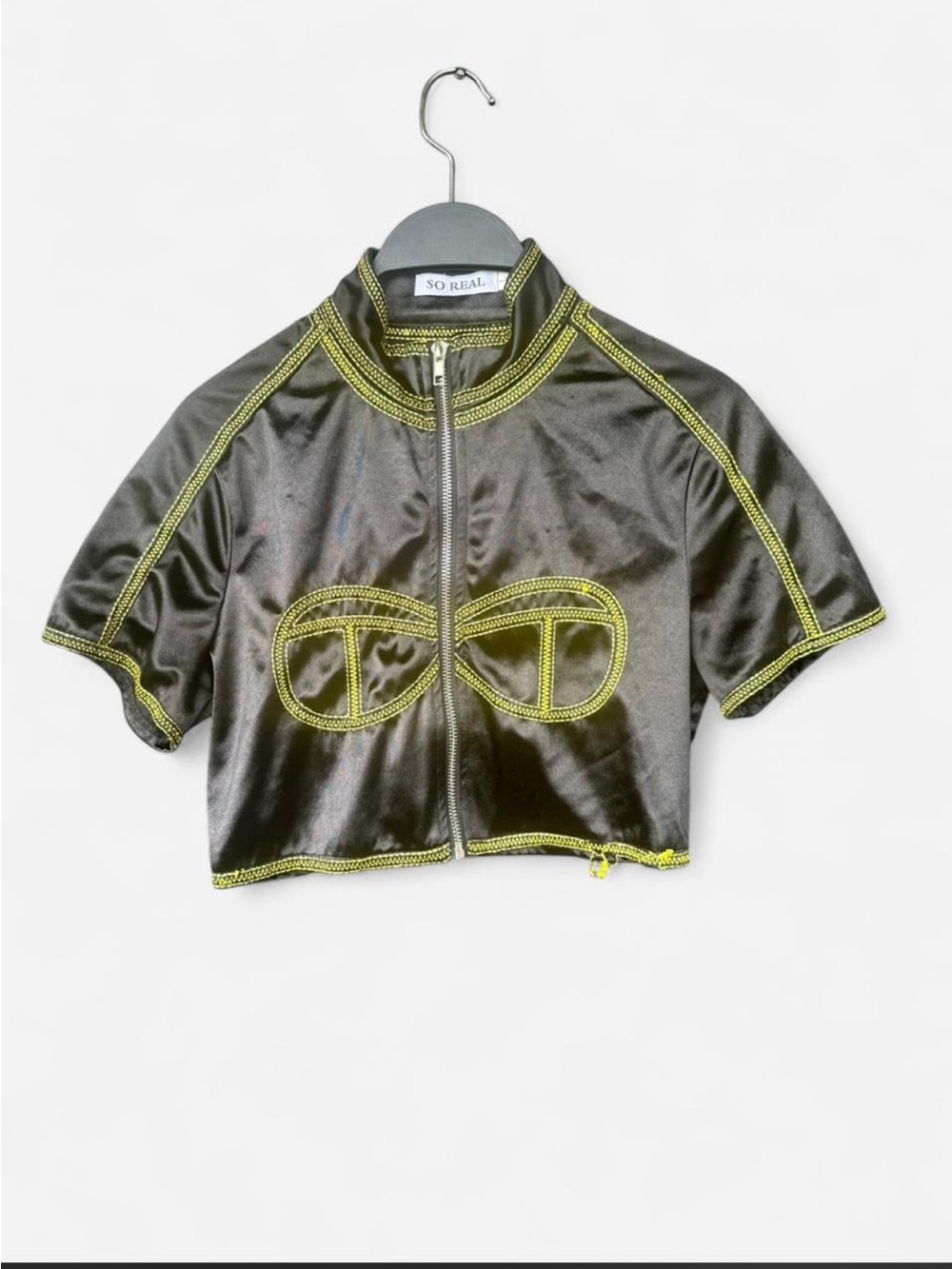 So Real Black Satin Crop Zip Top with Neon Stitching